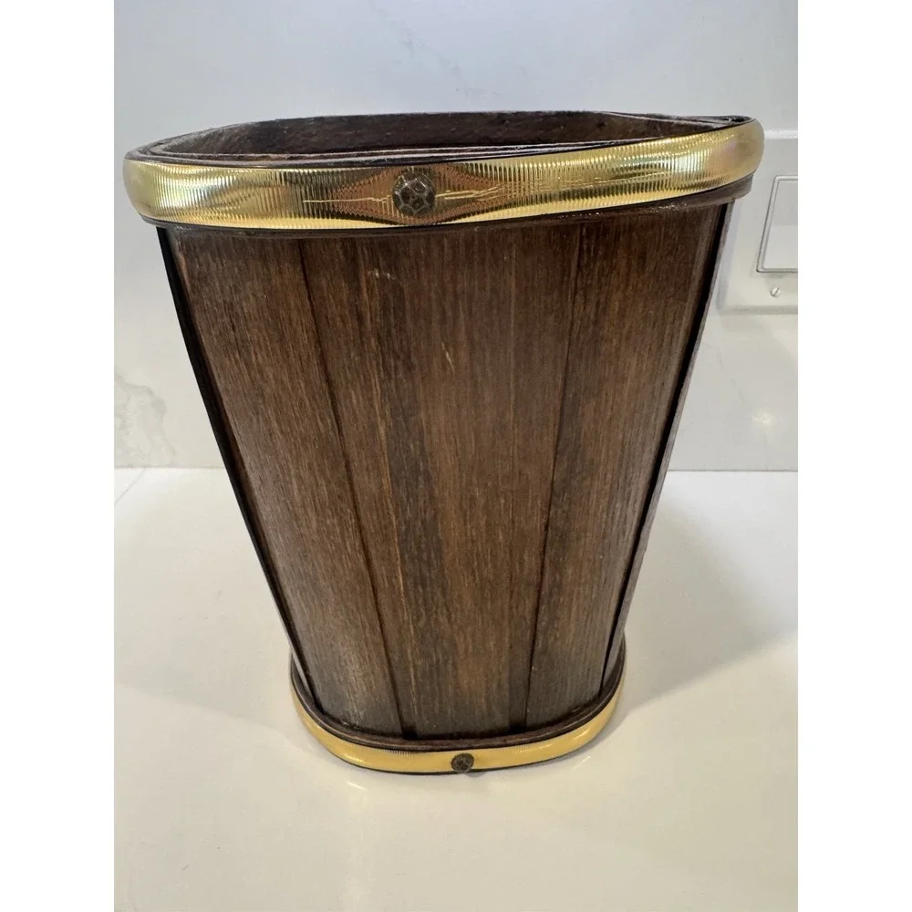 Vintage Basketville Putney Vermont Wood Wastebasket Brass Eagle Trash Can 11.5